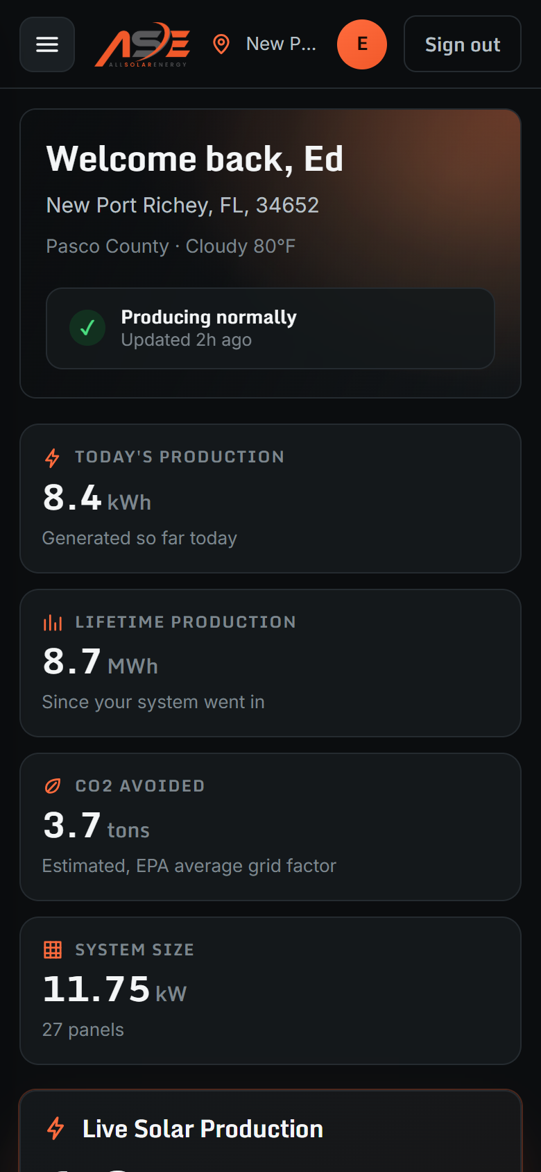 SunHub on a phone, showing the homeowner's production overview.