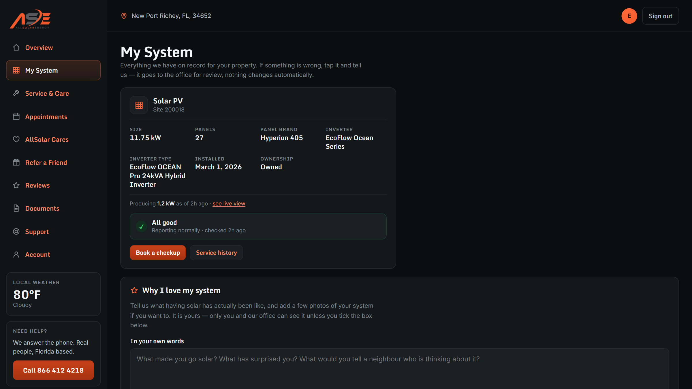 The My System screen listing system size, panel count, panel brand, inverter type, install date and ownership, with a reporting status card.