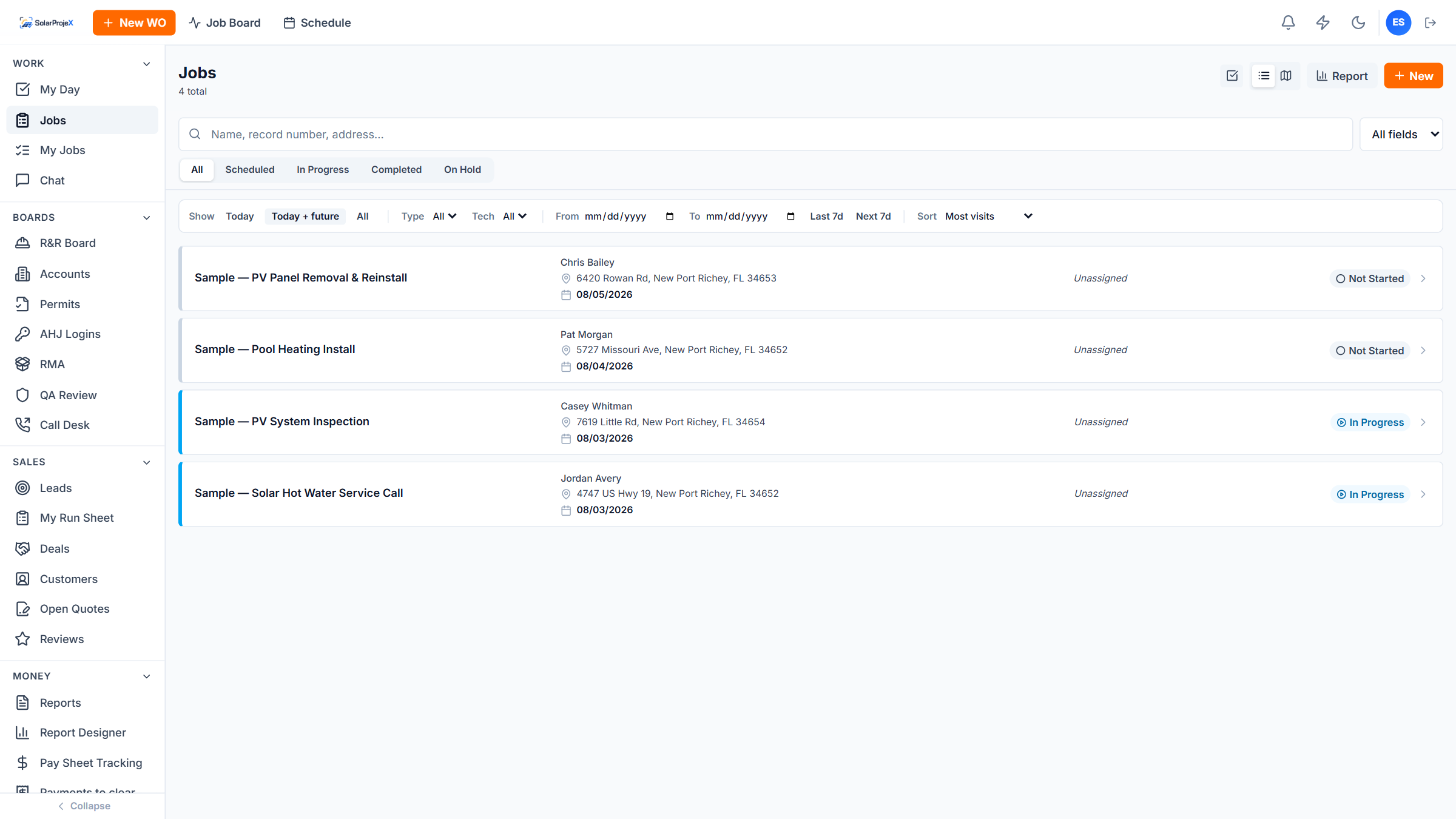 The SolarProjeX Jobs list showing four scheduled work orders with customer, address, date and status, alongside the full left hand navigation.