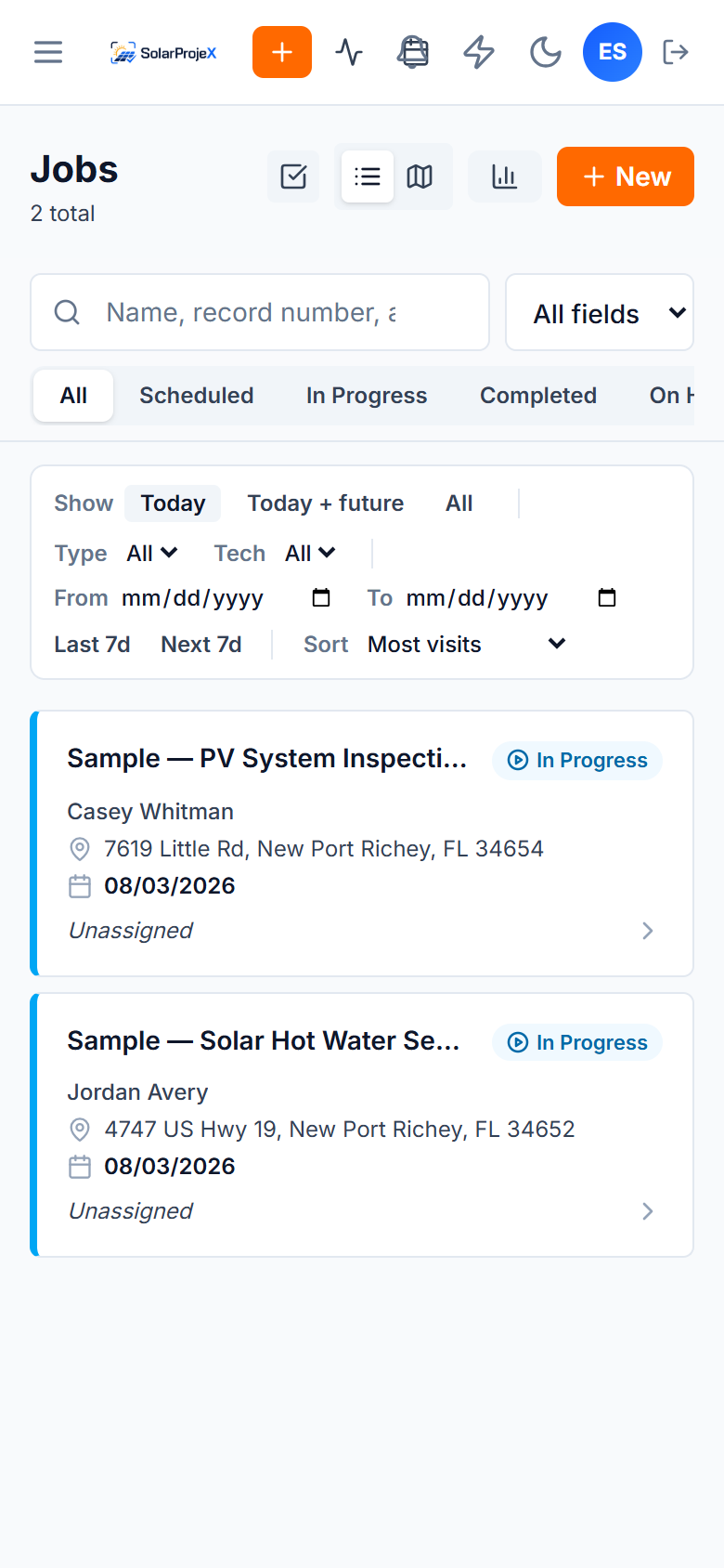 SolarProjeX on a phone, showing the mobile job list a technician sees in the field.