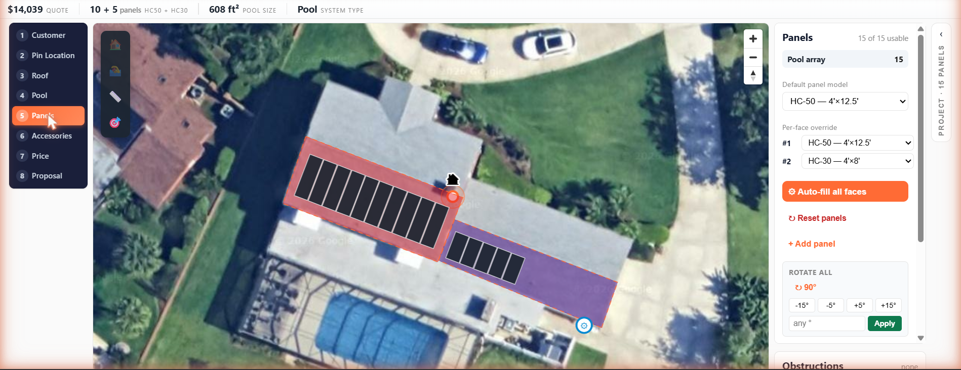 The SunProjeX design canvas showing collectors placed across two roof faces on an aerial image, with the panel model, per face override and rotation controls beside it.