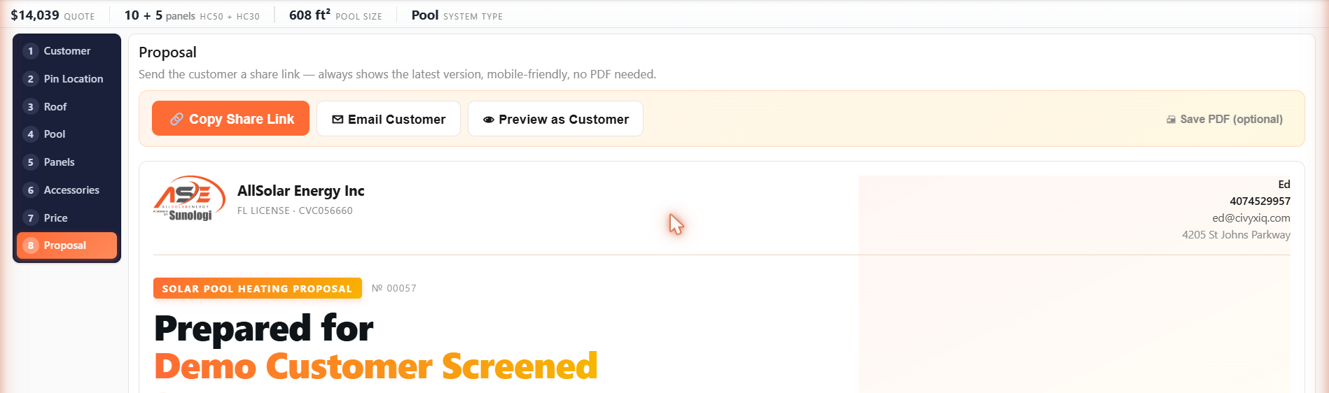 The proposal step showing the copy share link, email customer and preview as customer actions above a branded proposal with the dealer's letterhead and license number.
